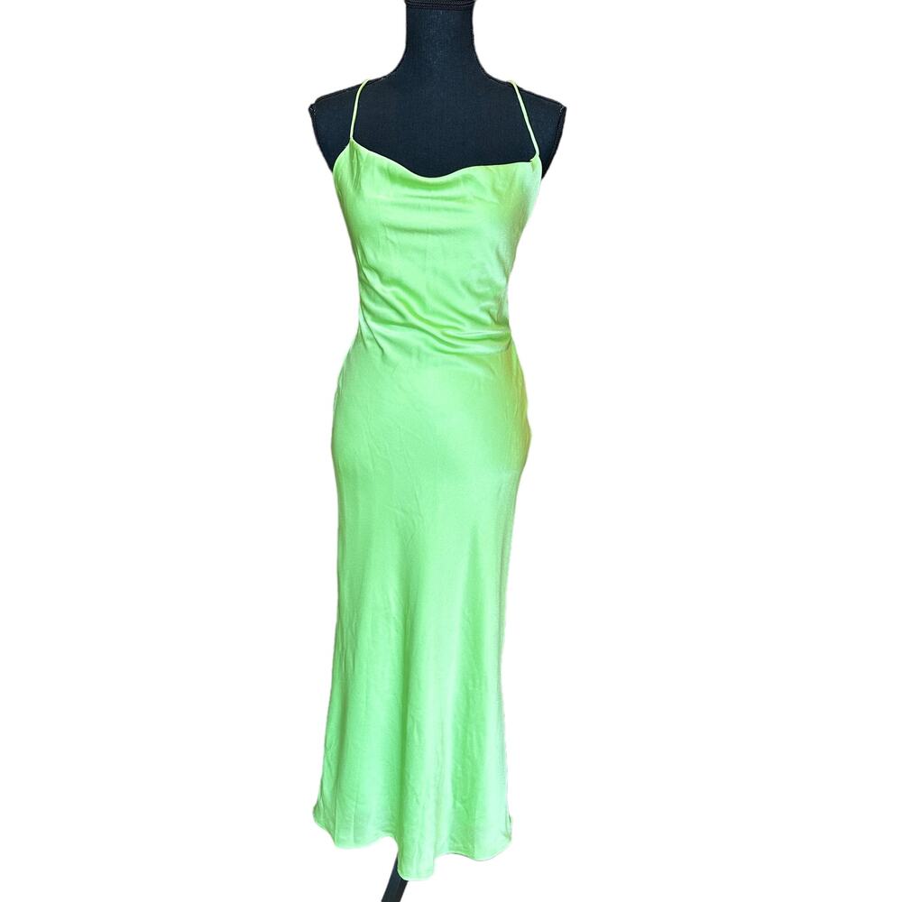Omnes Satin Midi Slip Dress Green Size 8 Cowl Lace Up Backless Bias Cut Bodycon